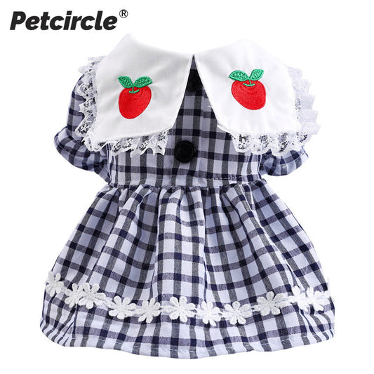 Blue Plaid Apple Elegant Dress Beautiful Princess Dress for Pets Party Wear-0