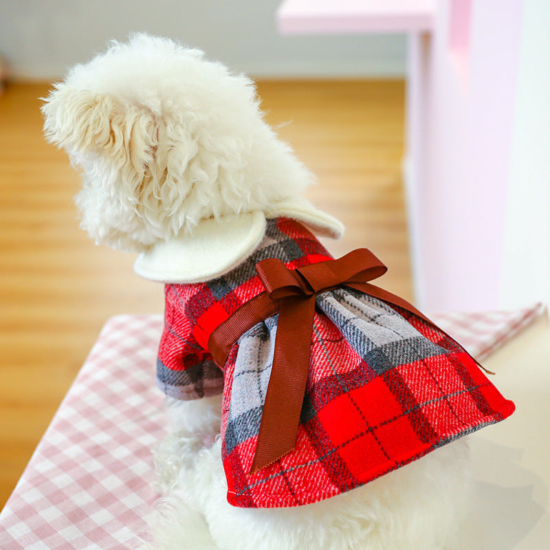 Brown Bow  Red Plaid Elegant Dress Beautiful Princess Dress for Pets Party Wear-1