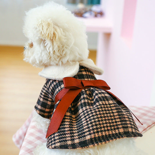 Brown Bow Black Plaid Elegant Dress Beautiful Princess Dress for Pets Party Wear-0